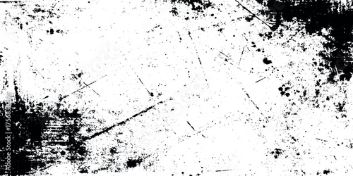 Abstract Black Ink Stains & Scratches grunge black and white distressed texture background.