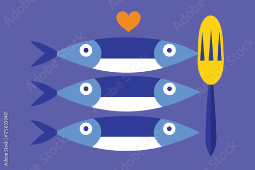 Illustration of sardines and fork on a blue background