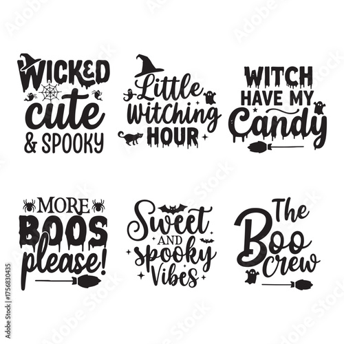 Collection of six spooky and cute halloween themed phrases and sayings for crafting and design
