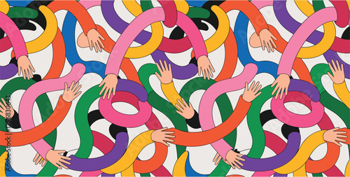 Abstract Colorful Intertwined Arms and Hands in a Playful, Groovy Style Keywords: abstract, colorful, intertwined, arms, hands, playful, groovy