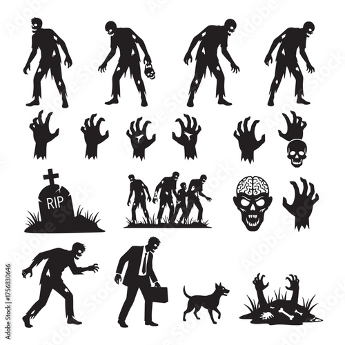 Collection of zombie silhouettes and halloween icons for spooky themed designs