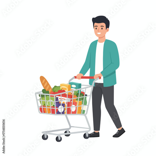 A cartoon man pushing a shopping cart filled with groceries on a white background