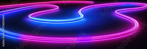 Neon glowing curvy race track light trails in purple and blue with futuristic abstract digital art design on dark background