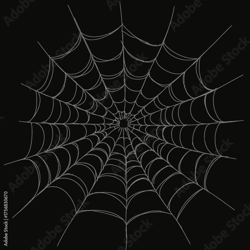 Minimalist black and white spider web vector illustration with radial symmetrical design on dark background flat style digital art