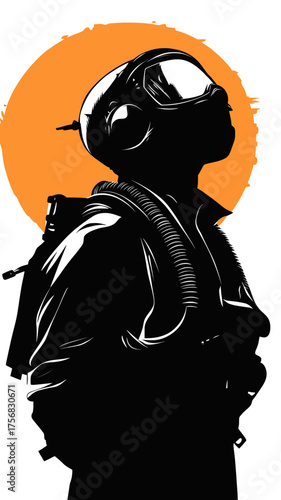 Silhouette of scuba diver wearing diving mask and breathing apparatus looking upward against orange circle background vector illustration