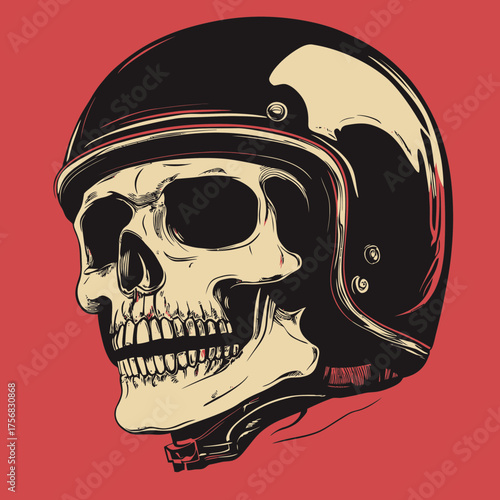 Detailed vintage skull wearing classic black motorcycle helmet with chin strap on red background vector illustration in minimalist style