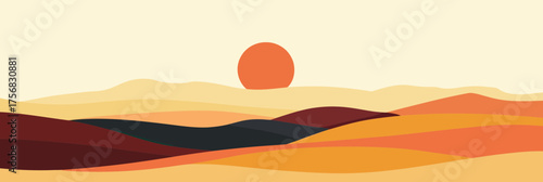 Minimalist flat vector illustration of desert landscape with rolling sand dunes and warm sunrise over horizon in earth tones