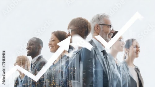 Rising Together: A diverse ensemble of professionals, with a backdrop of a city, symbolizes collaboration and progress, with an arrow indicating growth. It captures the essence of unity and progress.