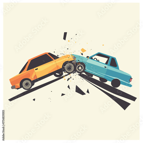 Vector illustration of two vintage cars colliding head on with shattered debris in flat minimalist style crash impact concept