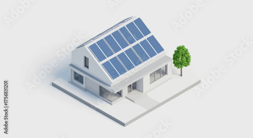 Isometric 3D model of a modern, eco-friendly house with solar panels on the roof, symbolizing sustainable living and renewable energy.