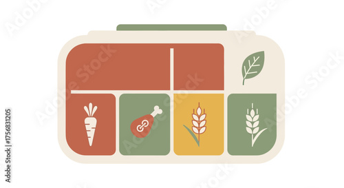 A compartmentalized lunch box with icons representing a balanced meal of different food groups.
