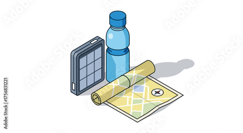 Isometric illustration of essential travel and hiking gear: a map, water bottle, and solar charger.
