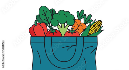 A blue reusable shopping bag filled with fresh, healthy vegetables from the market.