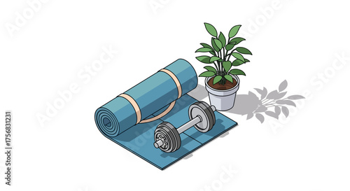 Isometric illustration of home workout equipment with a yoga mat, dumbbell, and plant on a white background.