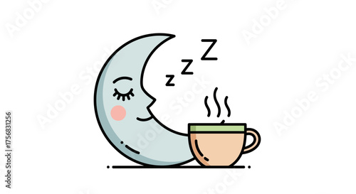 A cute cartoon crescent moon sleeping peacefully next to a steaming cup of a hot beverage.