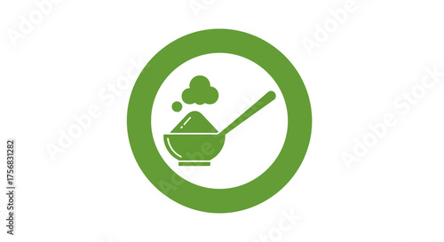 Green circular icon with a steaming bowl of hot food and a spoon isolated on a white background.