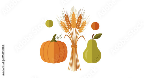 Autumn harvest collection with a pumpkin, sheaf of wheat, and a pear on a white background.
