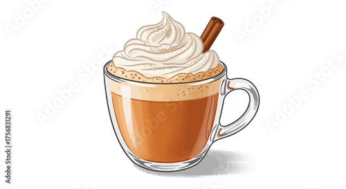 A detailed illustration of a warm pumpkin spice latte in a clear glass mug, topped with whipped cream and a cinnamon stick.