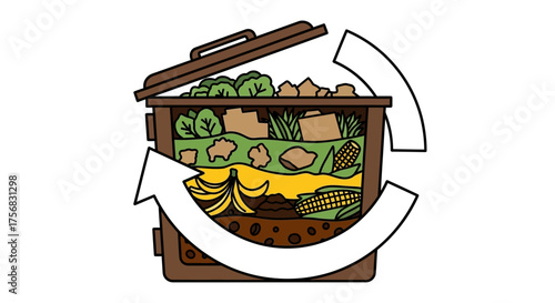 Illustration of a compost bin filled with organic waste and circled by a recycling arrow.