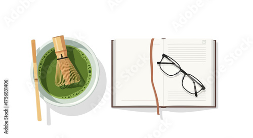 Top-down flat lay illustration of matcha tea with a whisk, an open notebook, and eyeglasses on a white background.