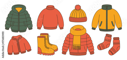 Cozy winter clothing collection featuring jackets sweaters hats scarves and socks