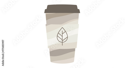 An eco-friendly reusable travel coffee cup with a brown lid, featuring a wavy earth-toned pattern and a minimalist leaf logo.