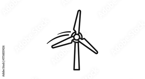 A minimalist black line art icon of a spinning wind turbine generating clean energy.