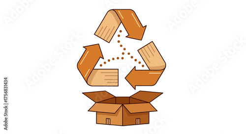A cardboard recycling symbol hovers over an open brown shipping box, illustrating eco-friendly packaging and sustainability.