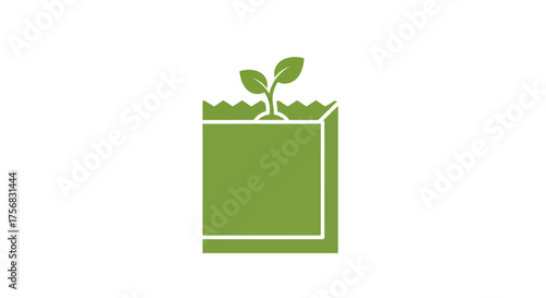 Minimalist green icon of a young plant seedling sprouting from a seed packet, symbolizing growth and gardening.