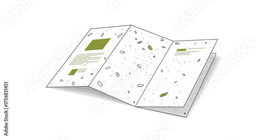 An open tri-fold brochure made from speckled, eco-friendly recycled paper, shown as a mockup on a white background.
