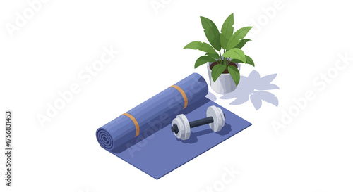 Isometric illustration of home workout equipment including a yoga mat, a dumbbell, and a potted plant.
