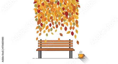A wooden park bench under a cascade of falling autumn leaves with a hot cup of coffee.