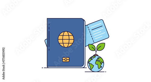 Illustration of a passport and a small globe with a green plant, symbolizing sustainable travel and eco-tourism.