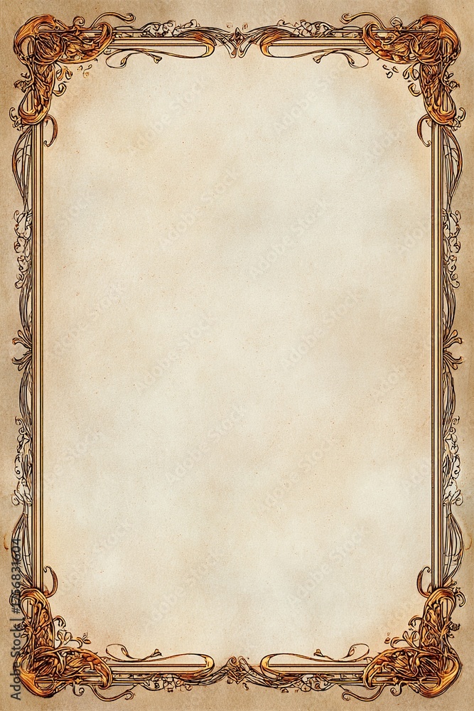 Obraz premium a lightly aged parchment paper with an ornate border, a blank center for writing. 