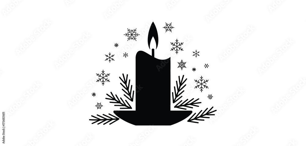 Obraz premium Black silhouette of a candle with snowflakes and pine branches