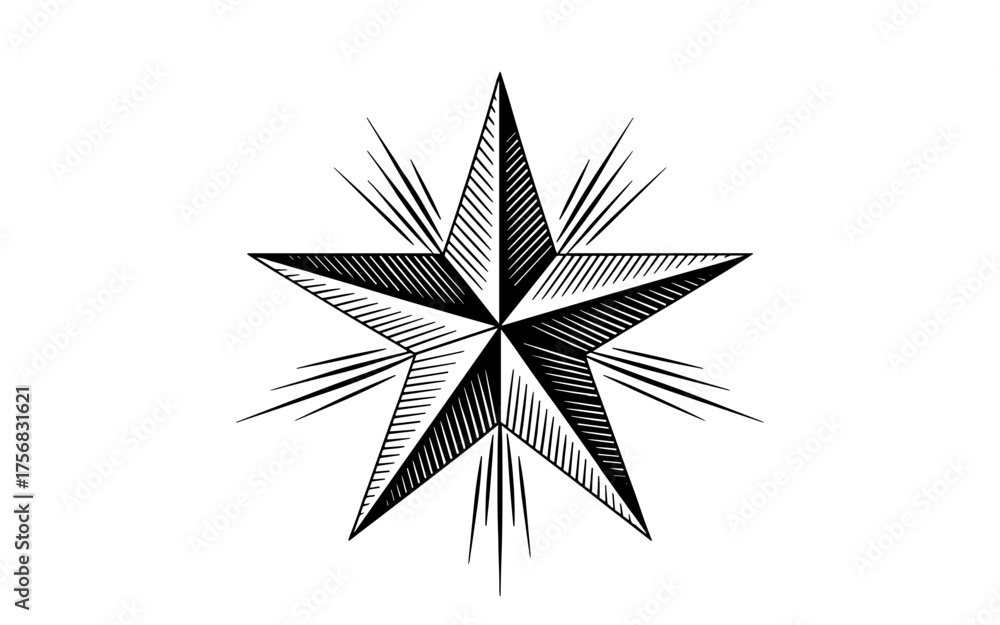 Obraz premium detailed five pointed star with shading and rays, perfect for emblems, tattoos, and graphic design projects.