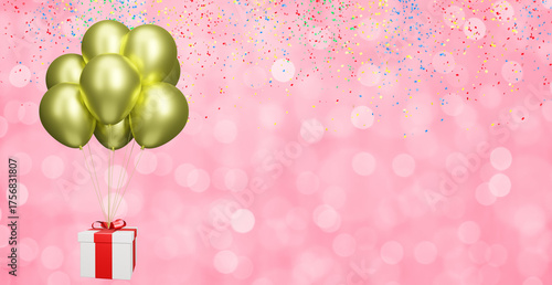 flying gift box with golden or yellow balloons on pink blurred background with confetti. Empty space for text. 3d rendering