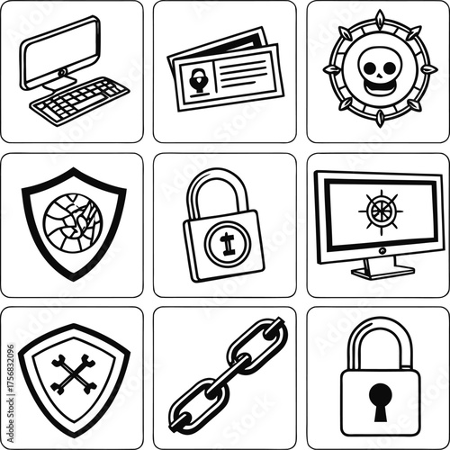 Cyber Security Icons Set – Data Protection, Hacking, Encryption, Safety Symbols