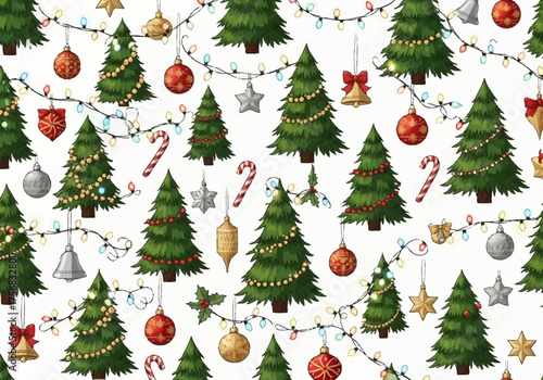 Festive Christmas Trees and Ornaments Seamless Pattern 1.