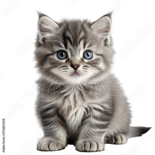 Fluffy gray tabby kitten with blue eyes sits isolated cutout