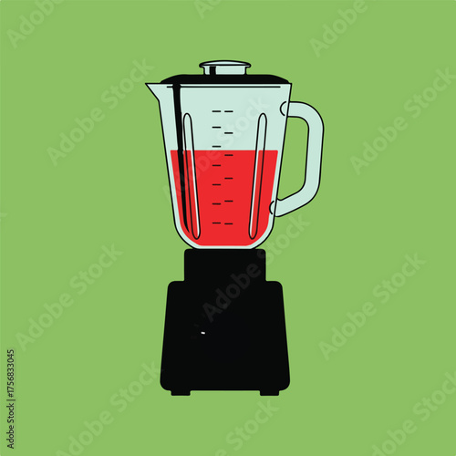 Blender with red liquid flat vector illustration for healthy eating concepts isolated on green backg