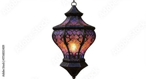 Hanging decorative lantern with intricate metalwork and colorful glass panels, interior lighting.
