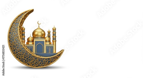 Golden crescent moon with a mosque inside, on a white background. Islamic design concept.