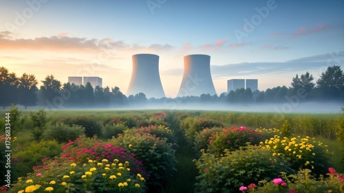 Scenic View of Cooling Towers Surrounded by Lush Green Fields and Colorful Flowers at Sunrise