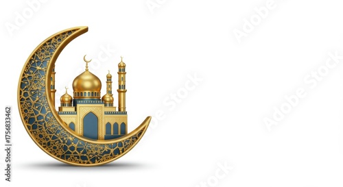 Ramadan kareem crescent moon with golden mosque. Islamic design for holy month of muslim.
