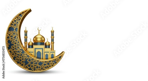 Golden mosque with crescent moon. Islamic design for holy month of ramadan and eid.
