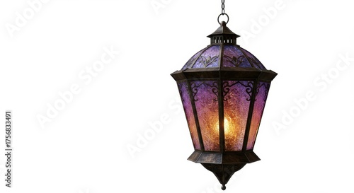 Hanging ornate lantern with purple and orange stained glass on a white background. Interior design.