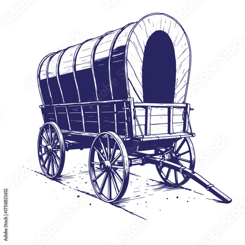 Vintage covered wagon illustration in detailed blue ink style on white background