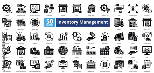 Inventory Management glyph style contains 50 icons including out of stock, survey, distribution, analytics, production, disadvantage, component, save money 