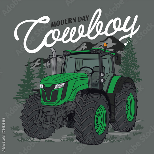 tractor illustration with mountain background